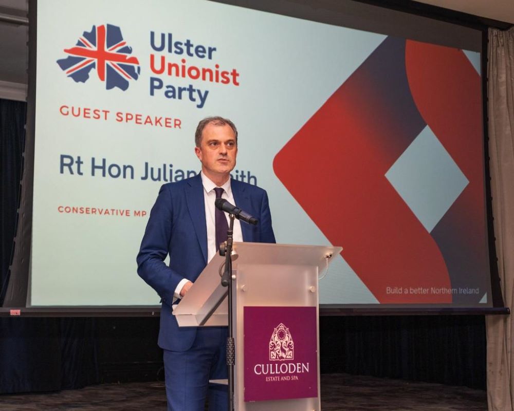 Former Northern Ireland Secretary Julian Smith speaking at the Ulster Unionist Party gala dinner on Saturday, 1 April, 2023